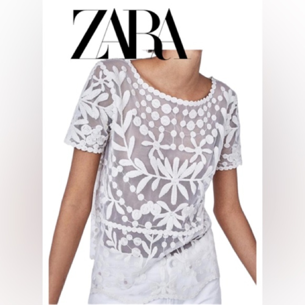 Zara Women’s Orange Mustard Embroidered Tulle Floral Blouse - Picture 6 of 11